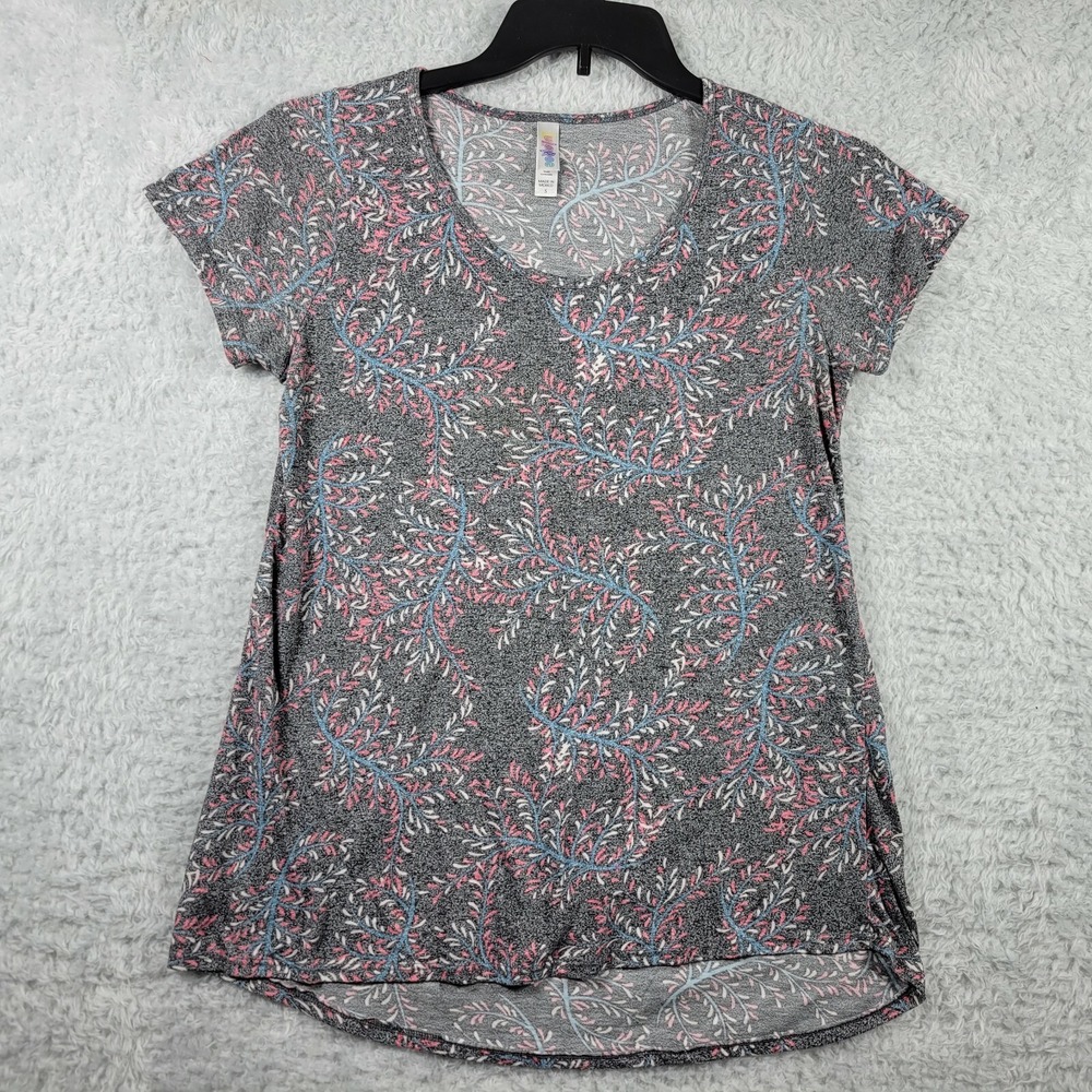 LuLaRoe Classic T Shirt Womens Small Gray Pink Blue Floral Leaf Print Scoop Neck